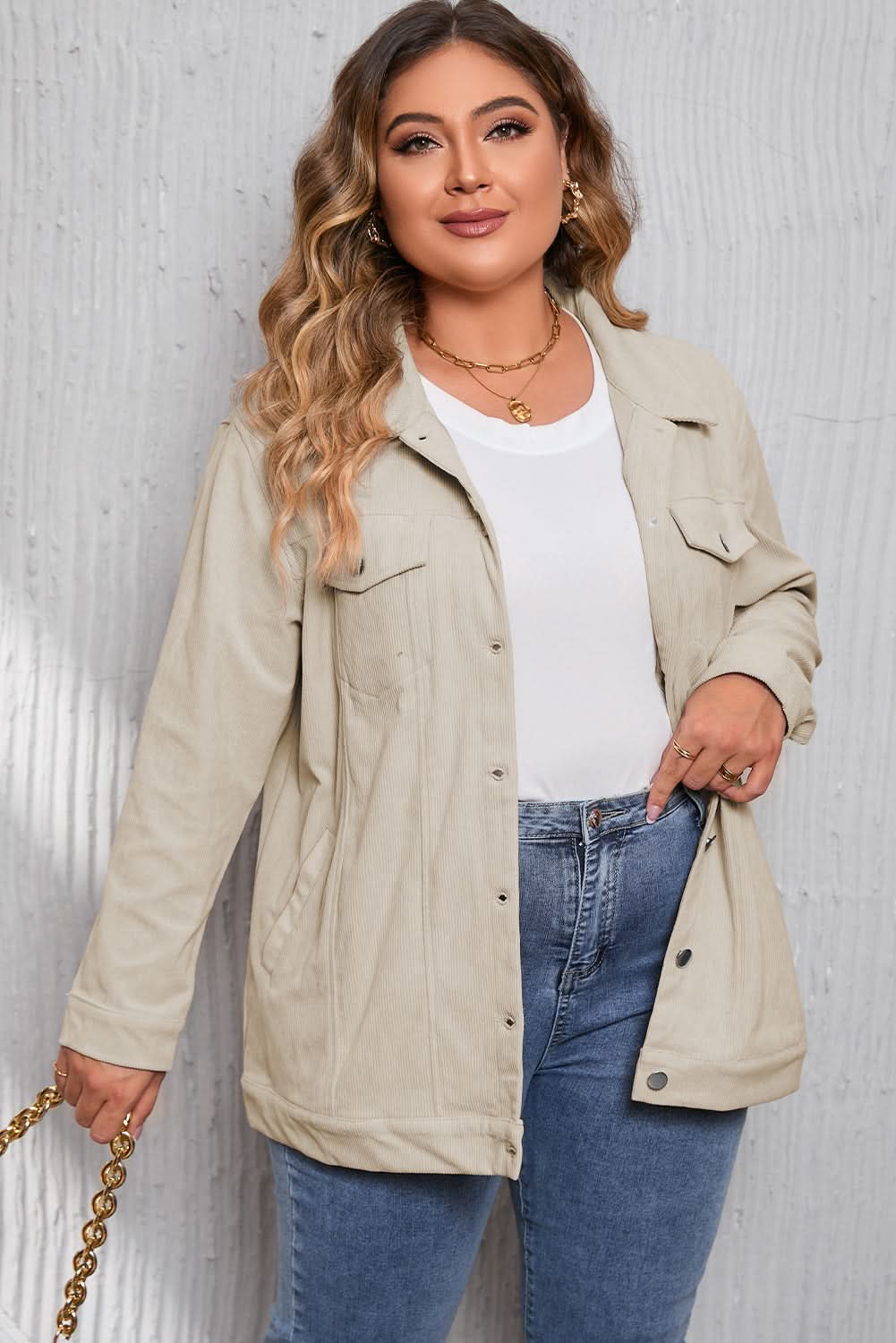 Khaki plus size corduroy jacket - Love Salve